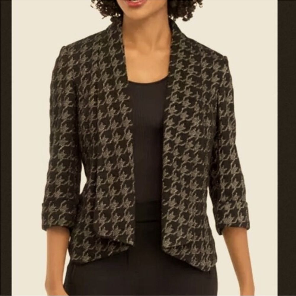 KASPER Black and Gold Houndstooth Open Blazer‎ Retro Vibes Disco Sz Small